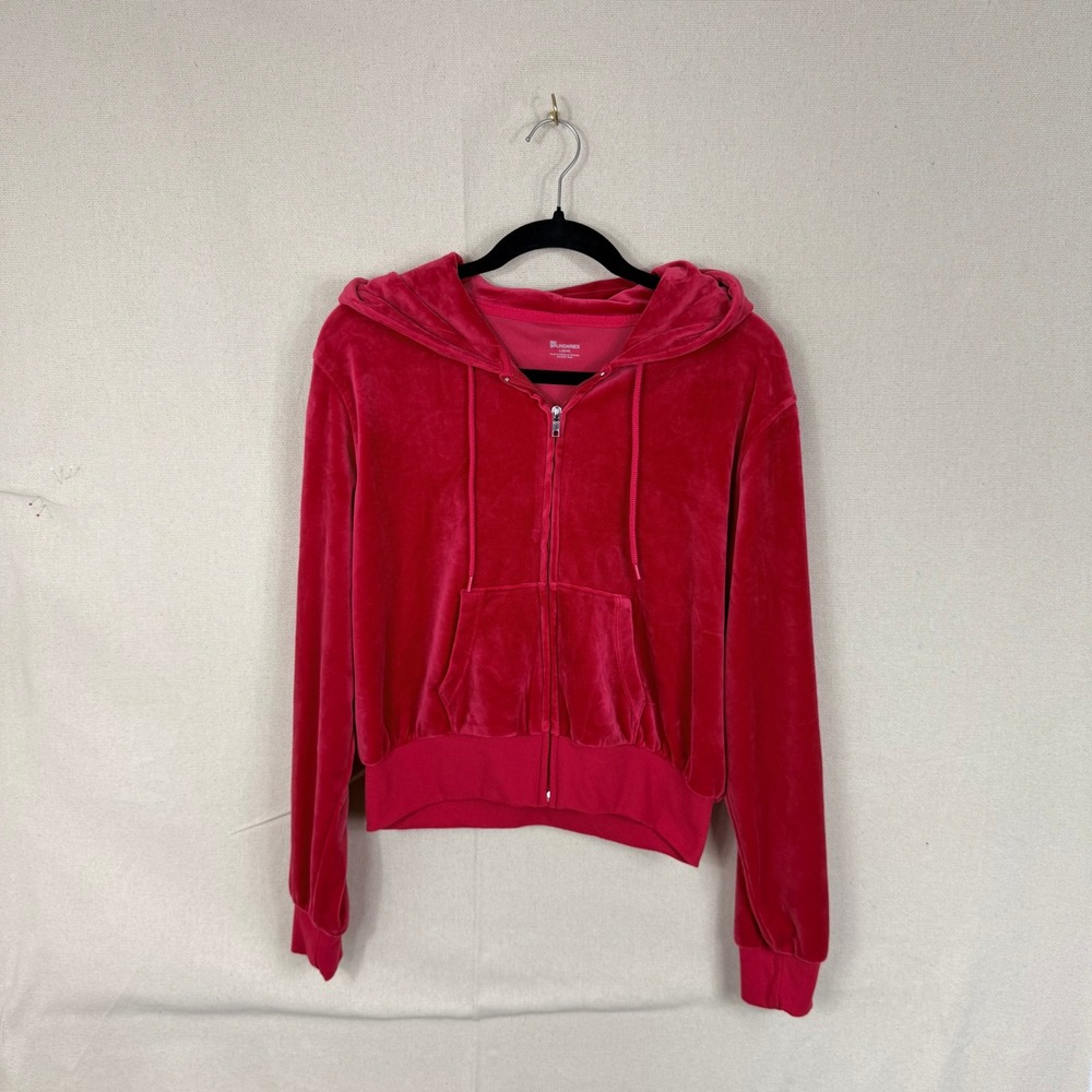 No Boundaries Womens Pink Red Velour Cropped Zip Up Hoodie Large 12-14